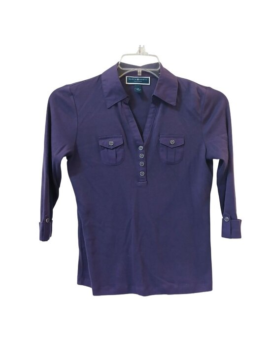 Karen Scott Tops - Karen Scott Petite Small PS Purple Cotton 3/4 Sleeve Polo Shirt Button NWOT D-27